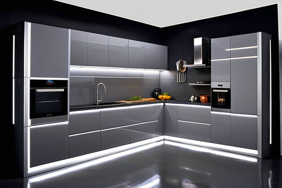 Cozinha modulada cinza com iluminação embutida