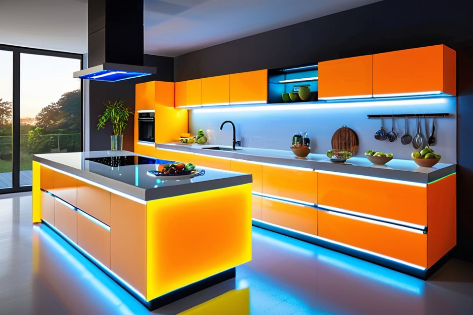 Cozinha modulada com bancada iluminada