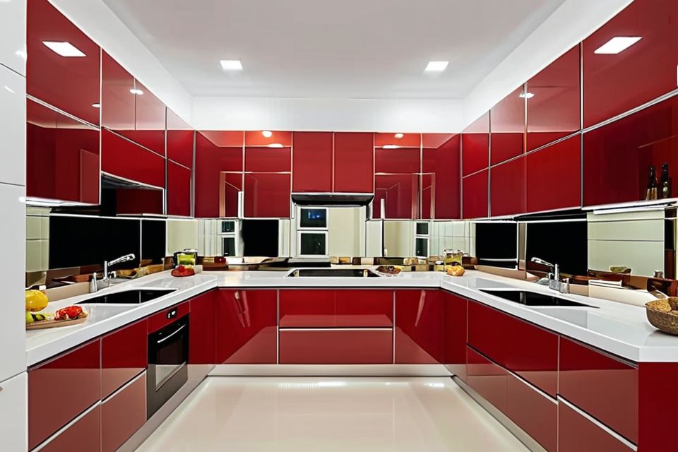 Cozinha modulada com espelhos no backsplash