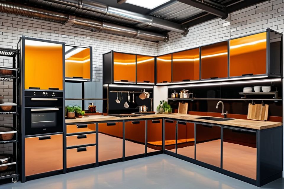 Cozinha modulada com espelhos em estilo industrial