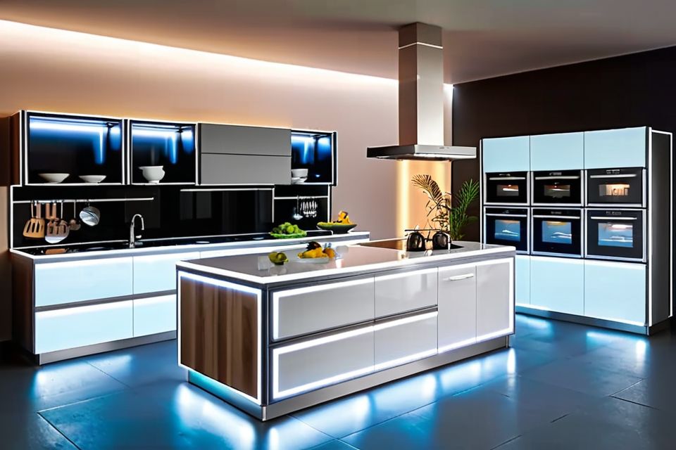 Cozinha modulada com ilha iluminada