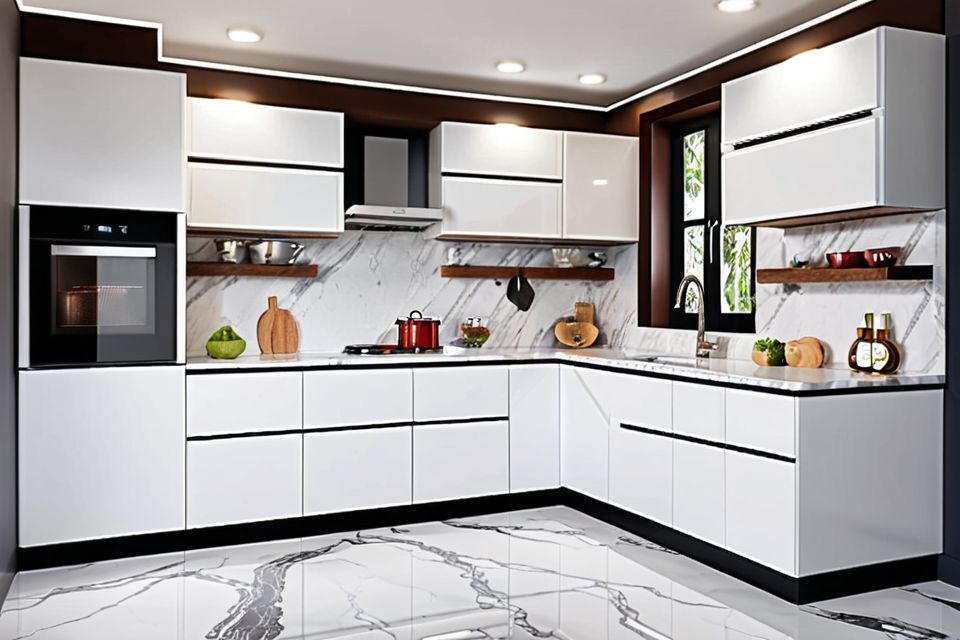 Cozinha modulada com mármore branco