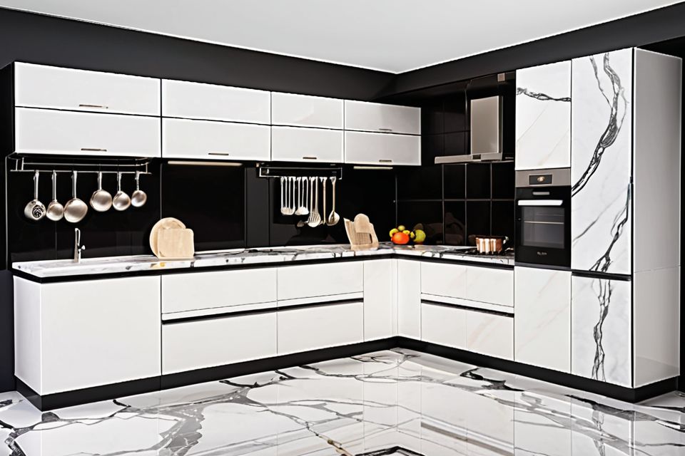 Cozinha modulada com mármore elegante