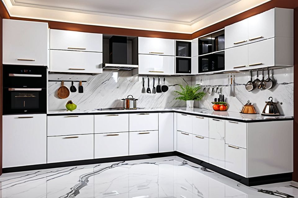 Cozinha modulada com mármore branco polido