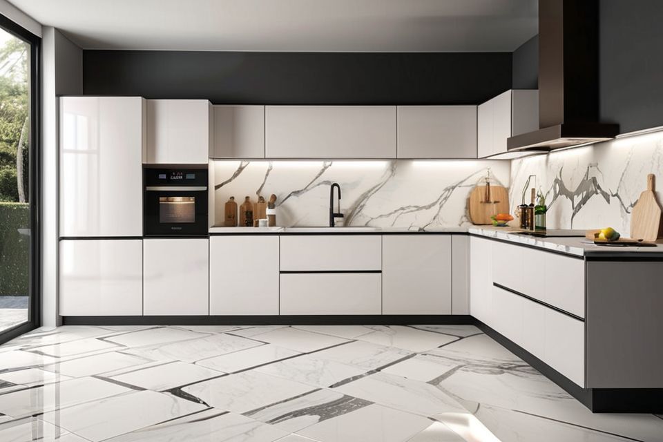 Cozinha modulada com porcelanato marmorizado