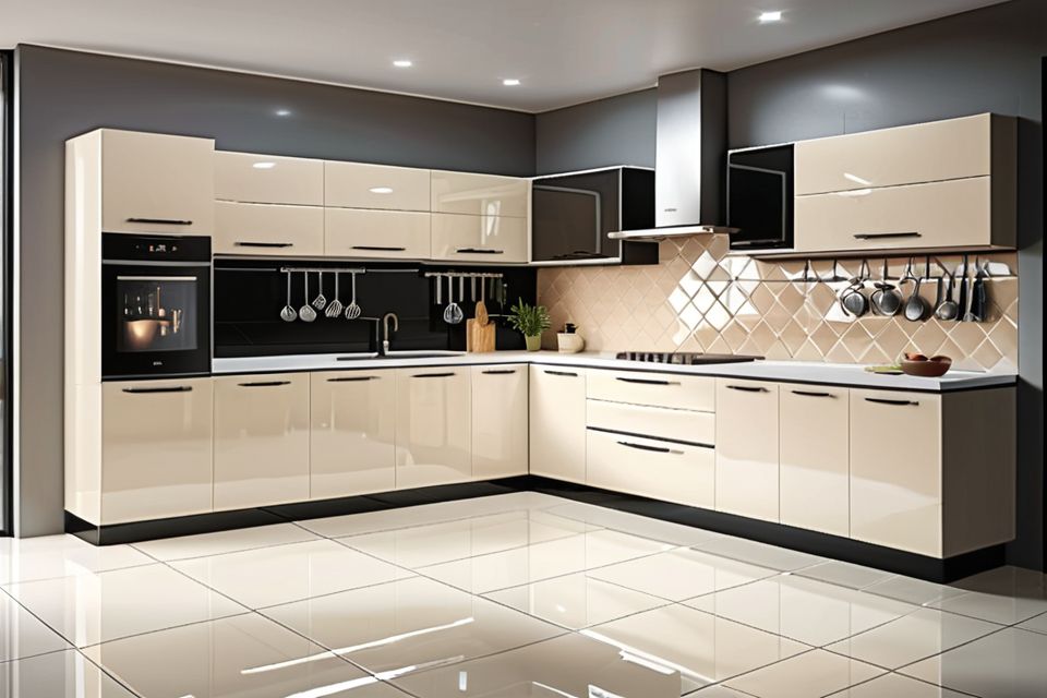 Cozinha modulada com porcelanato brilhante