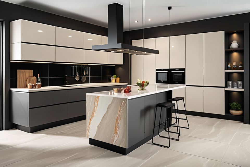 Cozinha modulada com porcelanato grande formato