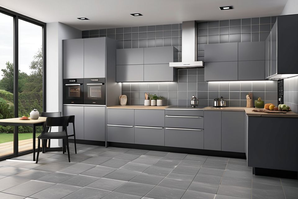 Cozinha modulada com porcelanato cinza