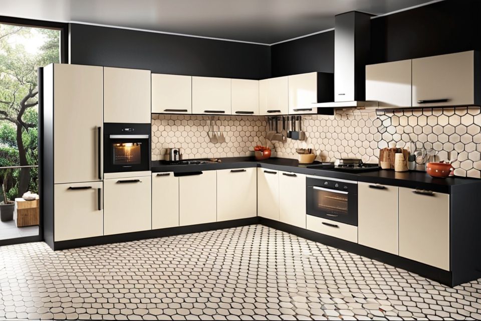 Cozinha modulada com porcelanato hexagonal