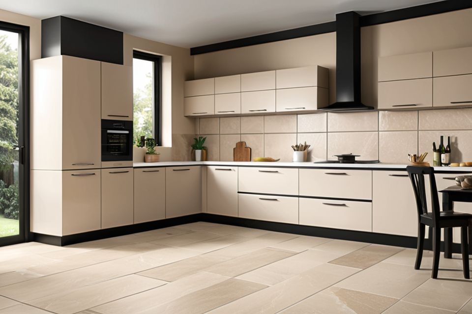 Cozinha modulada com porcelanato em tons neutros