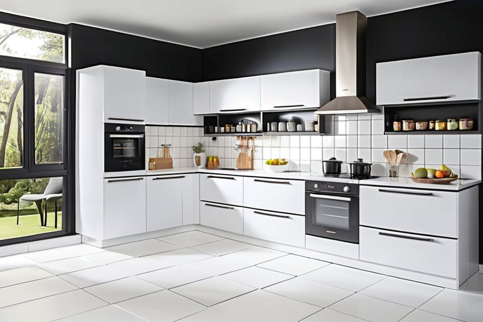 Cozinha modulada com porcelanato brilhante branco