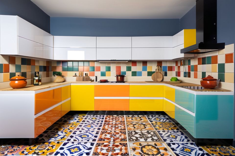 Cozinha modulada com porcelanato colorido