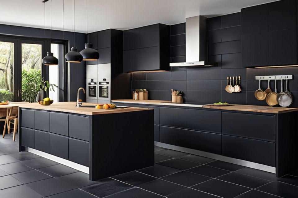 Cozinha modulada com porcelanato preto fosco