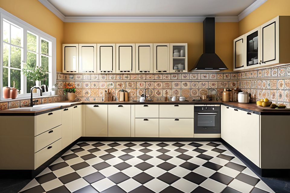 Cozinha modulada com porcelanato vintage