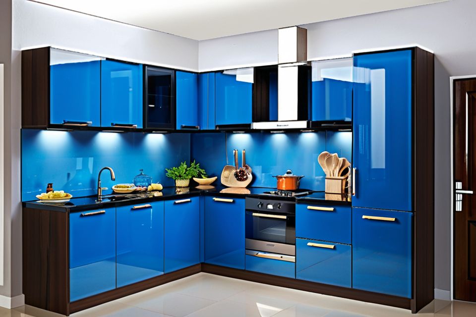 Cozinha modulada com vidro azul