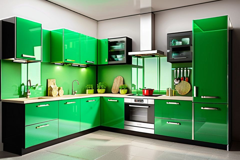 Cozinha modulada com vidro verde