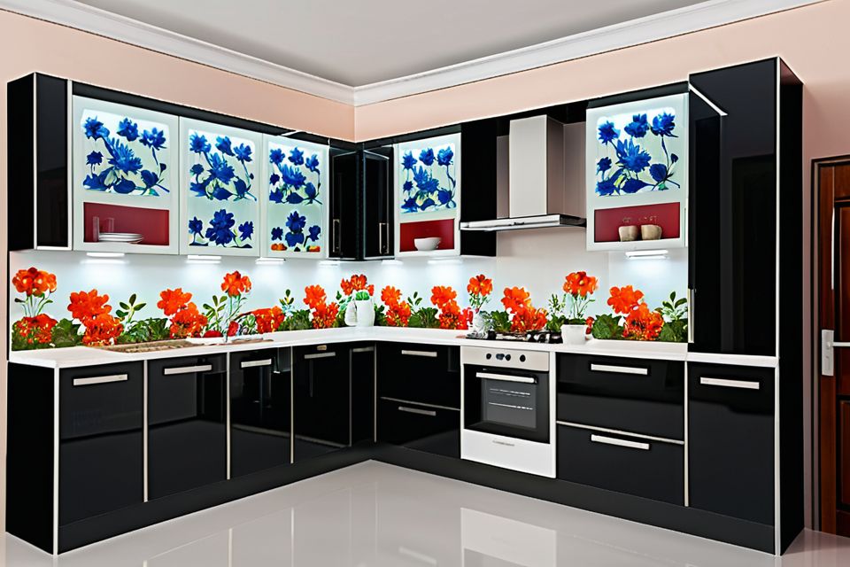 Cozinha modulada com vidro floral