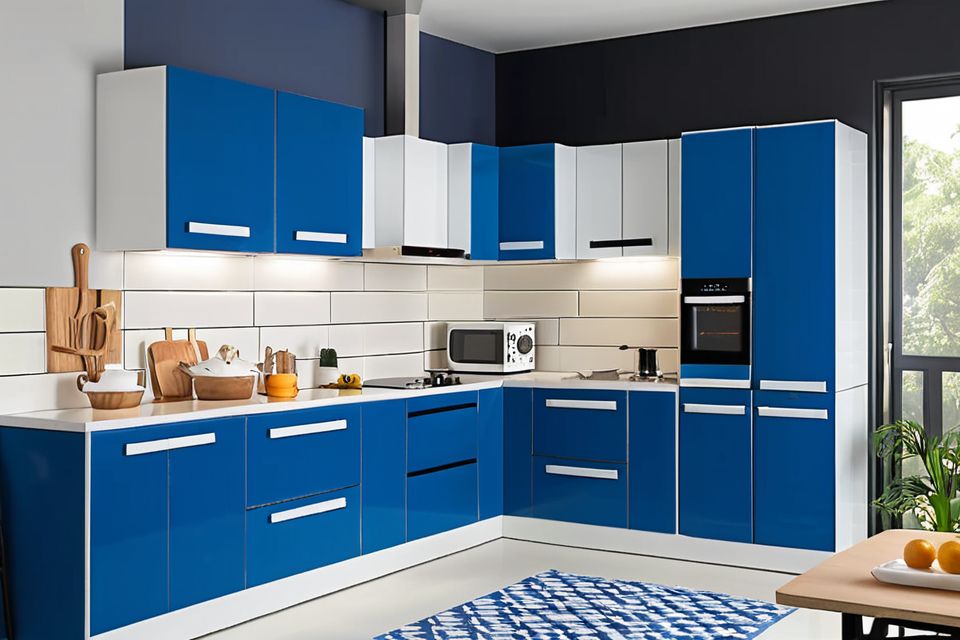 Cozinha modulada em L azul