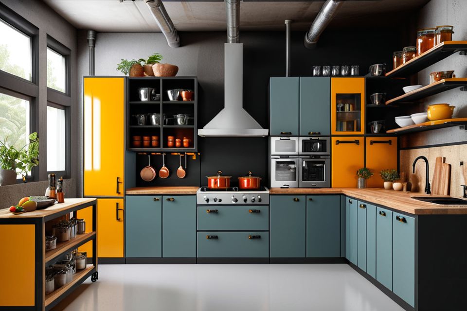 Cozinha modulada industrial com nichos decorativos