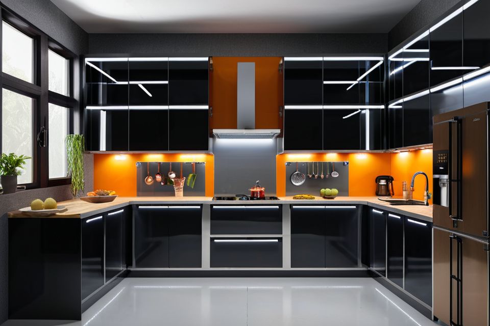 Cozinha modulada industrial com iluminação LED