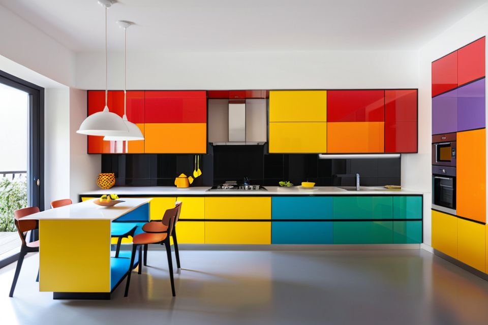 Cozinha modulada integrada à sala colorida