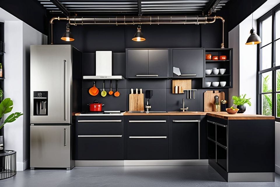 Cozinha modulada preta industrial chic