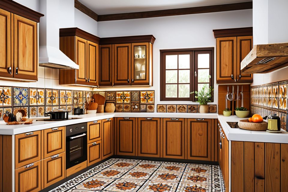 Cozinha modulada rústica com azulejos decorativos