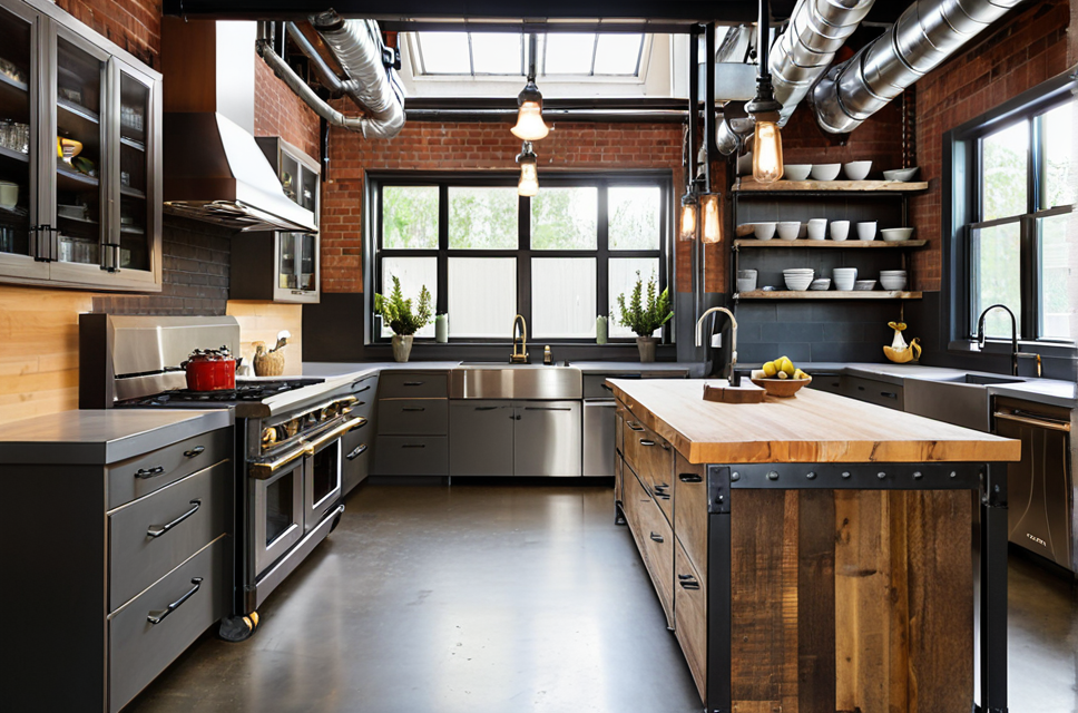 Cozinha planejada com bancada com estilo industrial