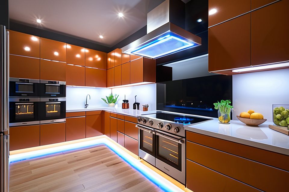 Cozinha planejada com cooktop e iluminação LED