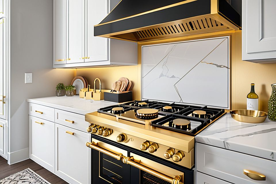 Cozinha planejada com cooktop e detalhes dourados