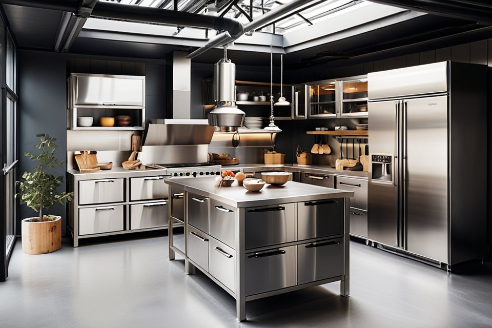 Cozinha planejada com design industrial e detalhes em aço inox