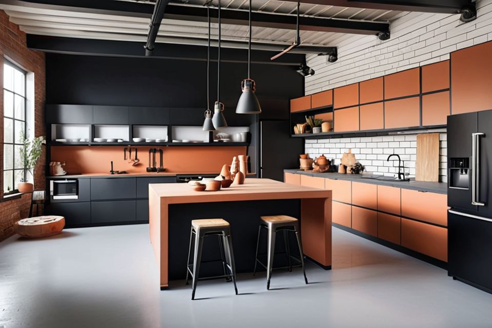 Cozinha planejada com design industrial e decoração minimalista