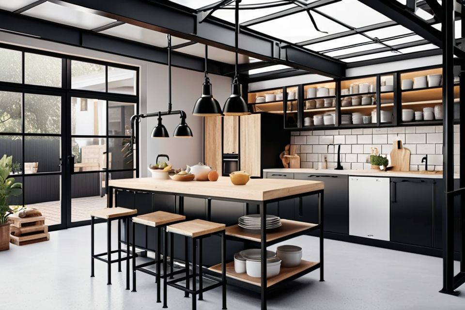 Cozinha planejada com design industrial e estrutura de ferro preto