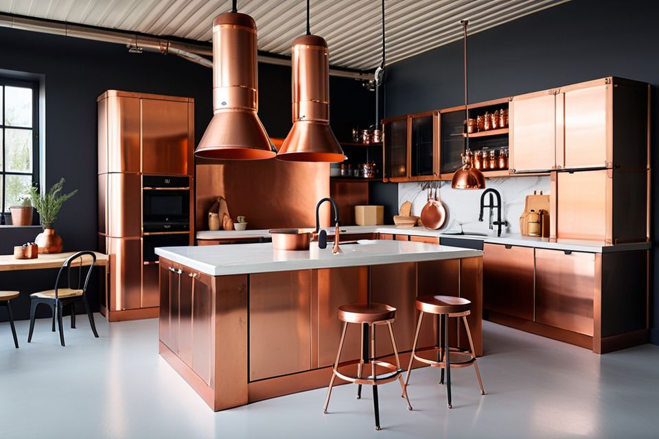 Cozinha planejada com design industrial e detalhes em cobre