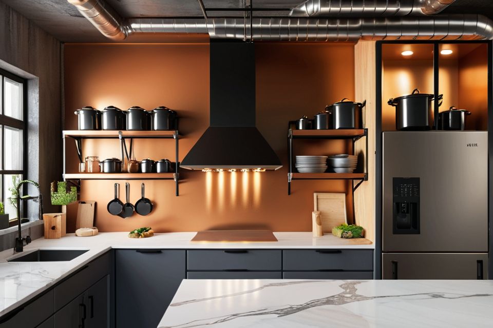 Cozinha planejada com design industrial e nichos metálicos decorativos