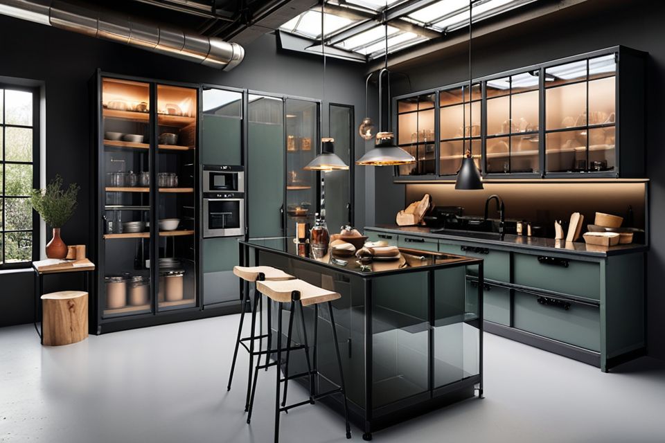 Cozinha planejada com design industrial e detalhes em vidro fumê