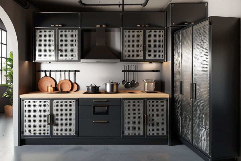 Cozinha planejada com design industrial e armários de metal perfurado