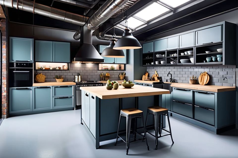 Cozinha planejada com design industrial e decoração com tons frios