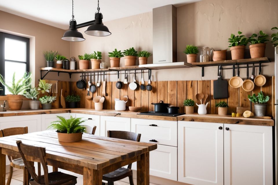 Cozinha planejada com estilo rústico e decoração com plantas