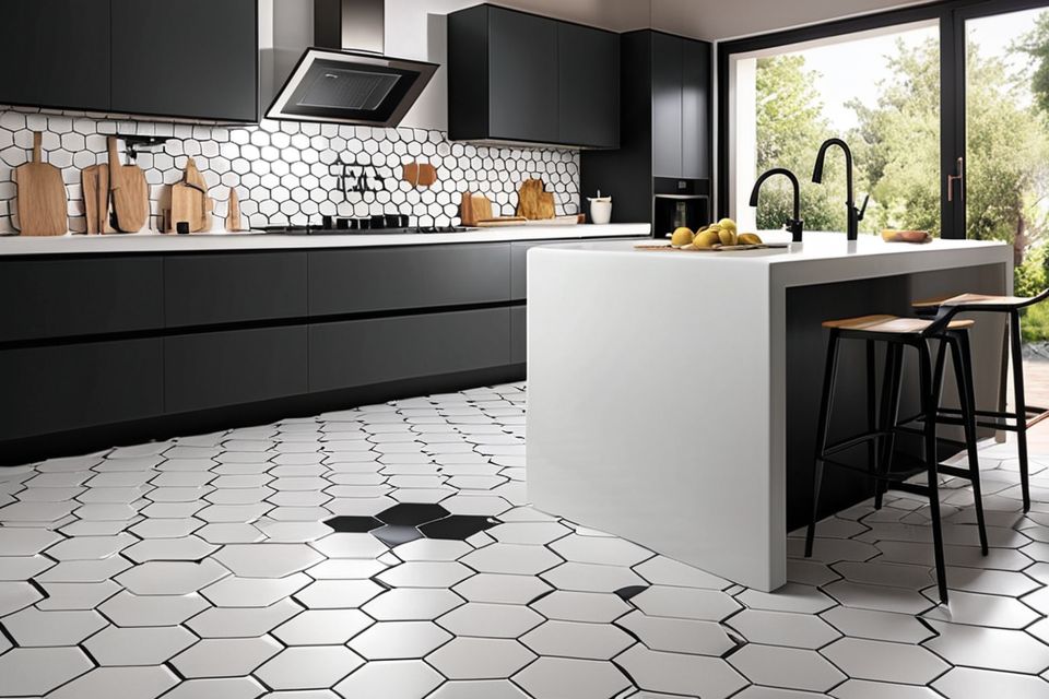 Cozinha planejada com revestimento em porcelanato hexagonal