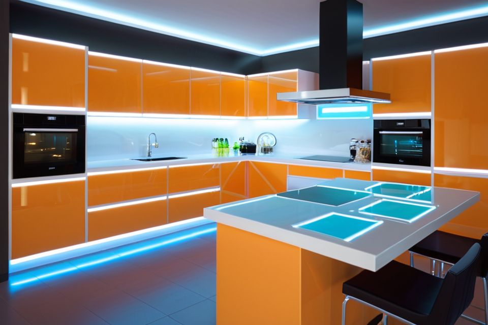 Cozinha planejada com vidro e iluminação LED