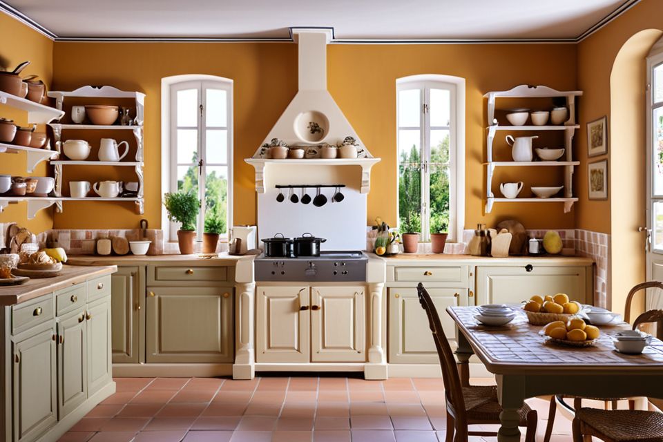 Cozinha planejada no estilo provençal com prateleiras decorativas