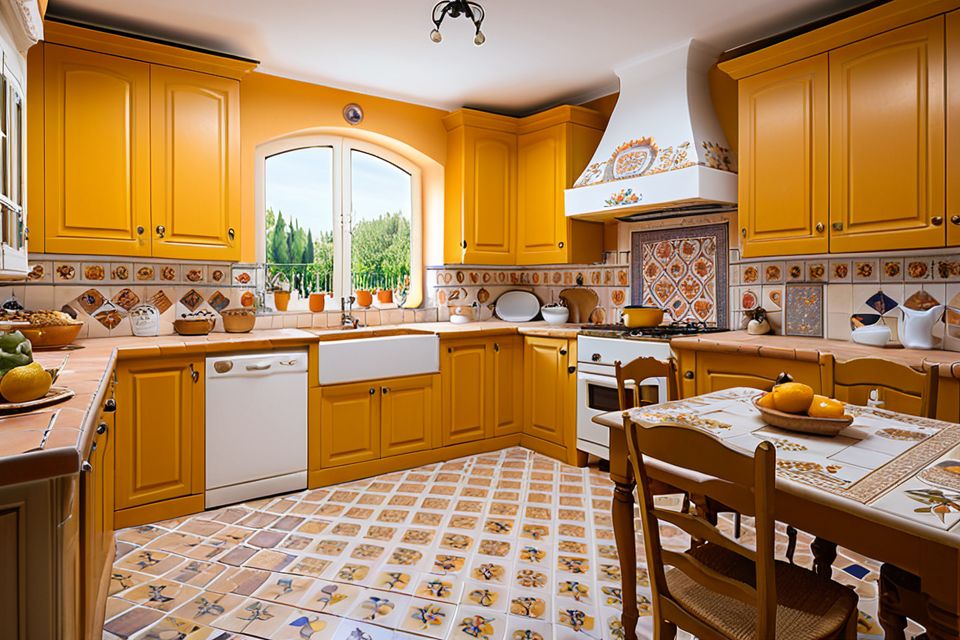 Cozinha planejada no estilo provençal com azulejos decorados