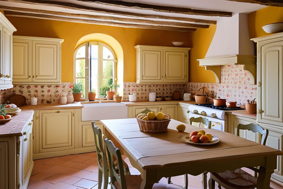 Cozinha planejada no estilo provençal com detalhes florais