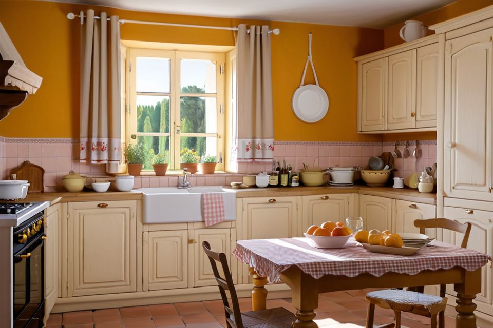 Cozinha planejada no estilo provençal com cortinas delicadas