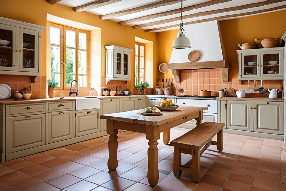 Cozinha planejada no estilo provençal com mesa de madeira maciça