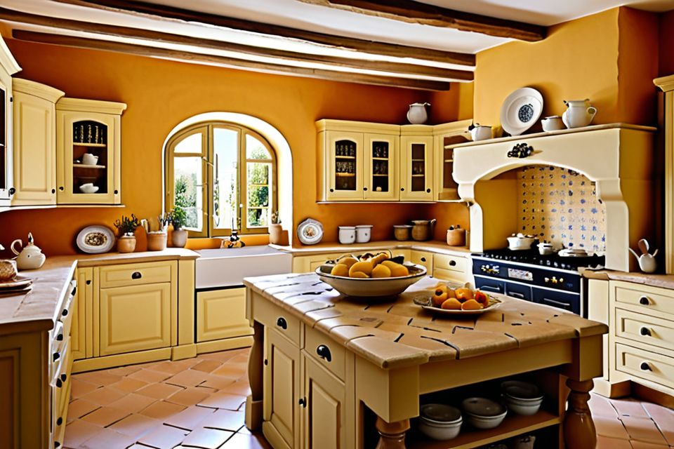 Cozinha planejada no estilo provençal com nichos para decoração