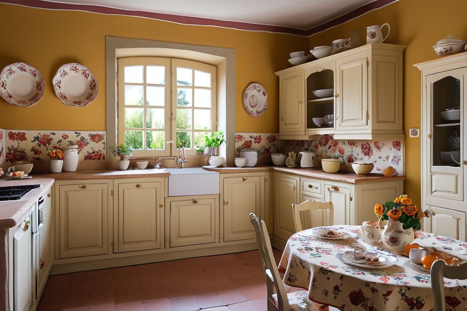 Cozinha planejada no estilo provençal com estofados florais