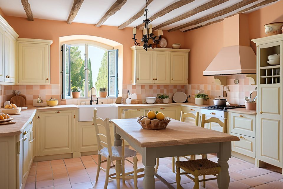 Cozinha planejada no estilo provençal com cores suaves e delicadas