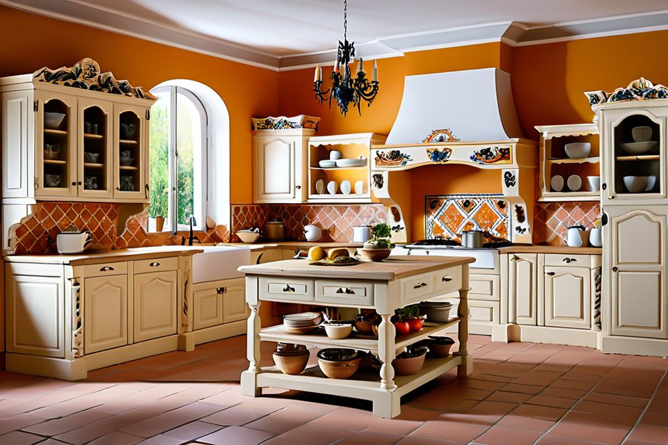 Cozinha planejada no estilo provençal com frisos decorativos